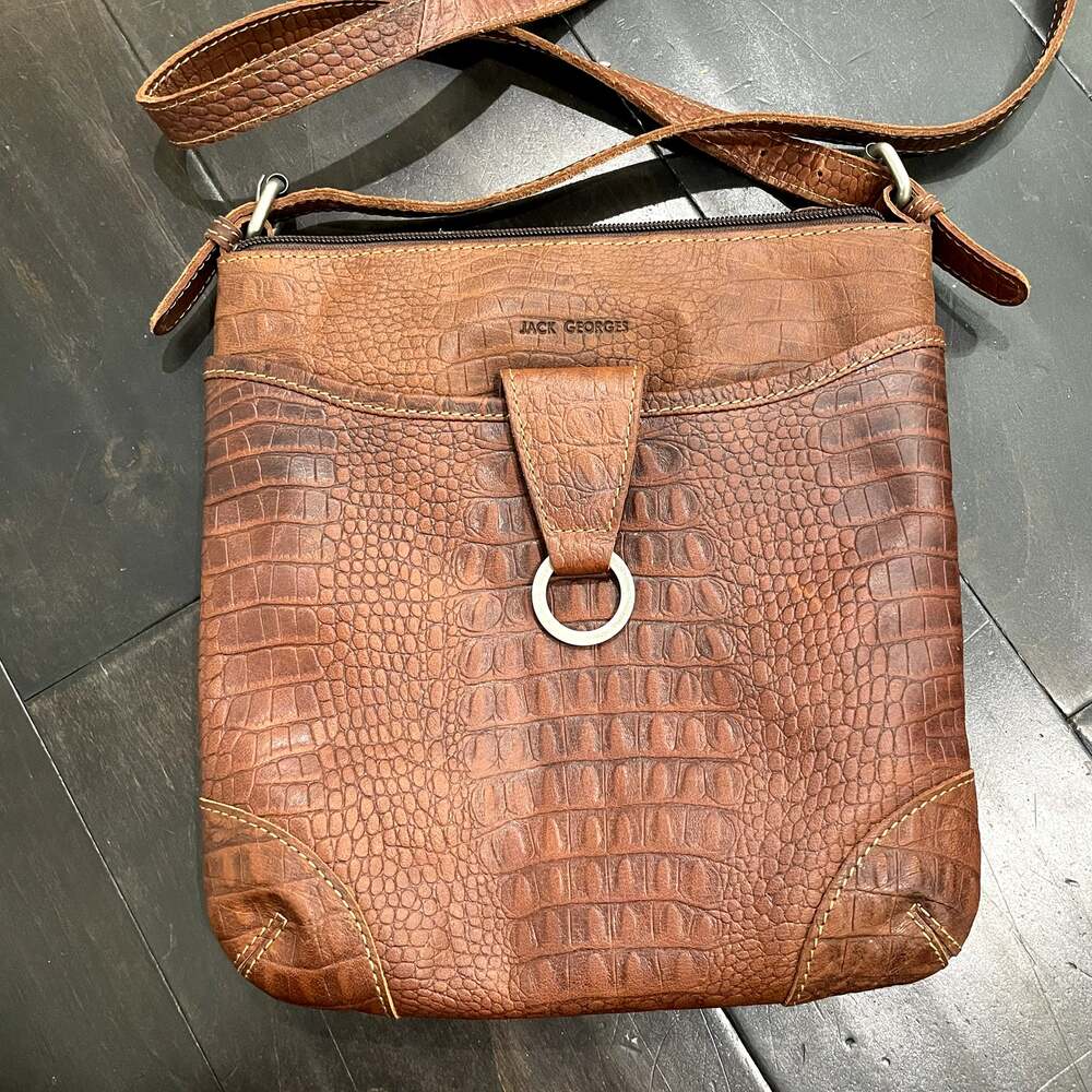 JACK GEORGES Crossbody Leather Brown Crossbody Purse Crocodile Embossed